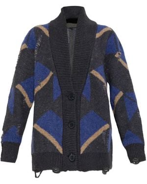 Akep Geometric-Pattern Distressed Cardigan - Blue