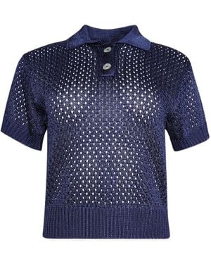 Calle Del Mar Open-Knit Polo Top - Blue