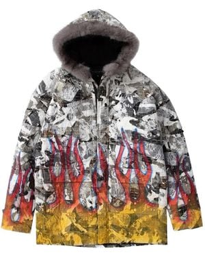 Who Decides War Flame-Print Hooded Parka Coat - Grey
