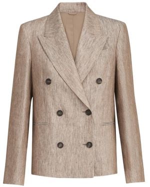 Brunello Cucinelli Linen Denim Blazer With Monili - Natural
