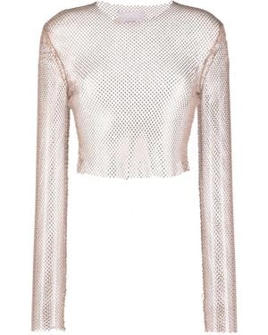 Genny Rhinestone Mesh Cropped Blouse - White