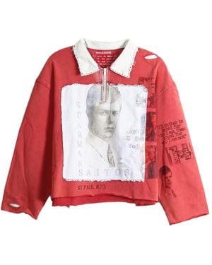 SAITOS Starman Quarter-Zip Distressed Polo Shirt - Red