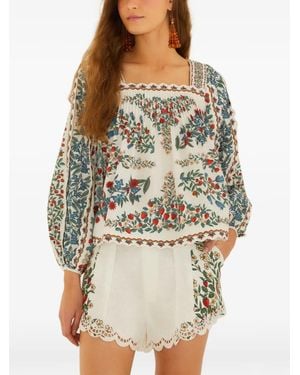 FARM Rio Fruit-Print Scalloped-Edge Blouse - Natural