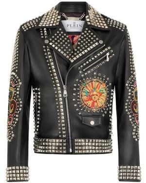 Philipp Plein Leren Jack Met Borduurwerk En Studs - Zwart