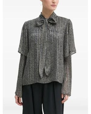 Bruuns Bazaar Pleated-Overlay Neck Tie Blouse - Grey