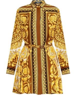 Versace Silk Belted Mini Shirt Dress - Metallic
