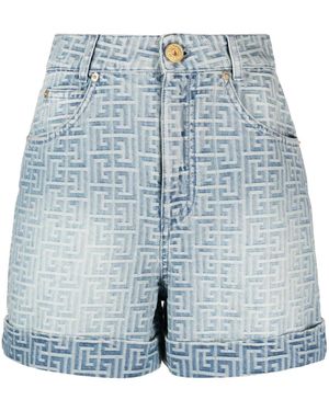 Balmain モノグラム デニムショートパンツ - ブルー