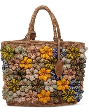 AFAR Small Floral-Appliqué Raffia Shoulder Bag - Metallic