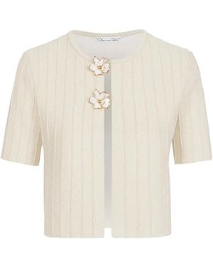 Oscar de la Renta Ottoman Floral-Embellished Short-Sleeved Cropped Cardigan - Natural