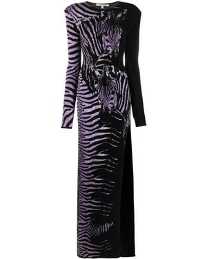 Roberto Cavalli Zebra Jacquard Side Slit Gown - Black