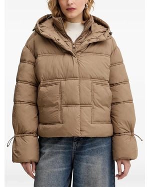 Guess Hooded Pattern Puffer Jacket - Brown