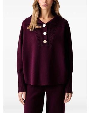 Joseph Ribkoff Button-Embellished Ribbed-Trim Shawl-Neck Sweater - Red