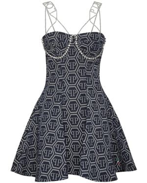Philipp Plein Monogram-Jacquard Denim Mini Dress - Black