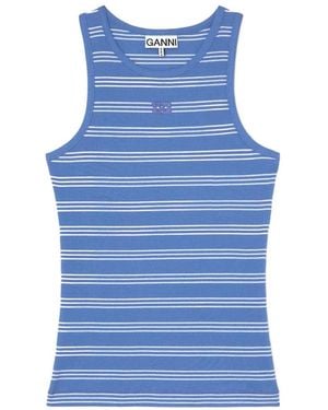 Ganni Striped Logo-Embroidered Tank Top - Blue