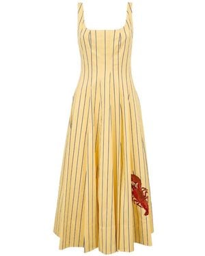 STAUD Wells Stripe-Print Lobster-Embroidered Midi Dress - Metallic