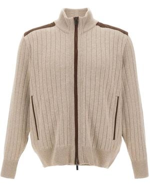 Paul & Shark Ribbed-Knit Suede-Panel Cardigan - Natural