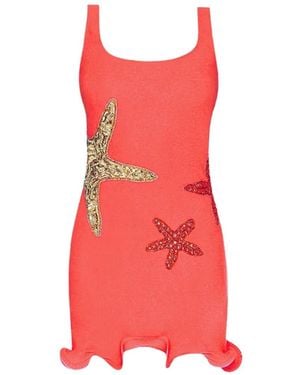 Leslie Amon Starfish-Embellished Ruffled Mini-Dress - Red