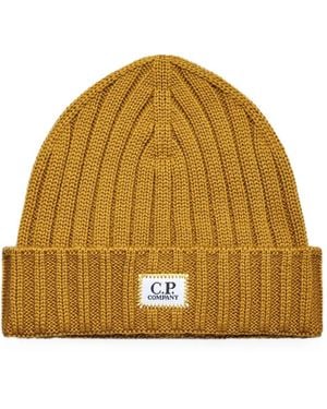 C.P. Company Ribbed-Knit Logo-Patch Beanie Hat - Yellow