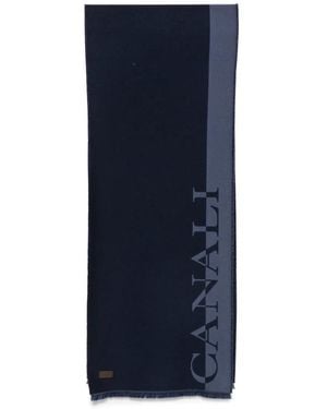Canali Logo-Print Frayed Scarf - Blue