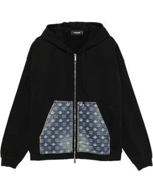 DSquared² Monogram-Print Denim-Patch Hoodie - Black