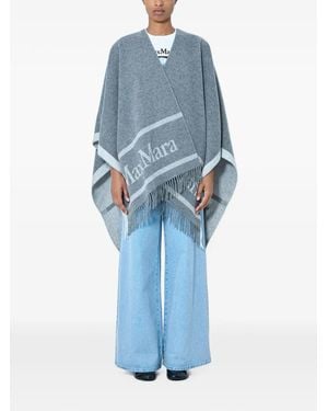 Max Mara Logo-Print Fringed Poncho - Blue