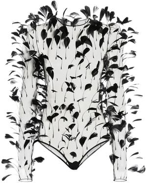 Genny Feather-Embellished Sheer Bodysuit - White