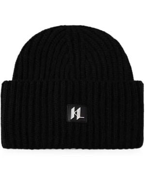KARL LAGERFELD Logo-Plaque Ribbed-Knit Beanie Hat - Black