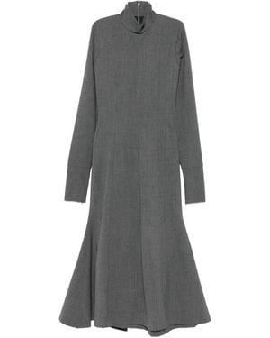 Thelatest High-Neck Flared-Hem Midi Dress - Gray