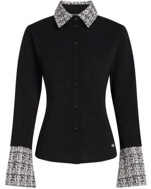 KARL LAGERFELD Bouclé-Trim Long-Sleeve Polo Shirt - Black