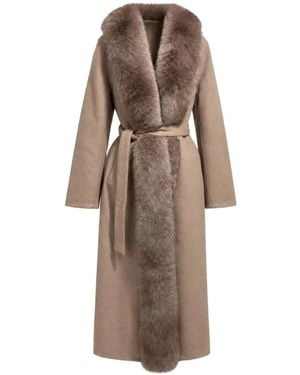 Poche Paris Manteau Ceinturé À Finitions En Fourrure Artificielle - Brown
