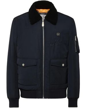 Philipp Plein Shearling-Collar Bomber Jacket - Blue