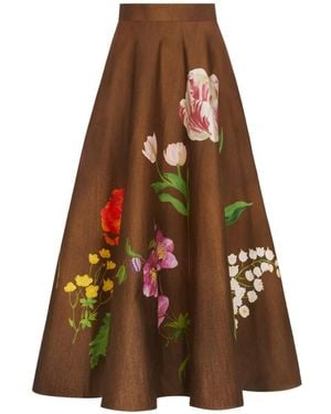 Oscar de la Renta Botanical-Print Midi Skirt - Brown