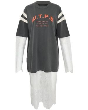 Pushbutton Stripe-Detail Lace-Layer T-Shirt - Grey