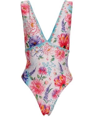 Agua Bendita Tulipa Floral-Print V-Neck Swimsuit - Red