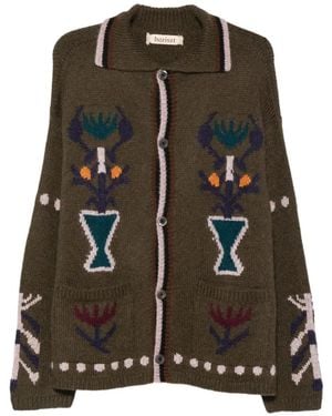 BAZISZT Intarsia-Knit Button-Up Cardigan - Brown