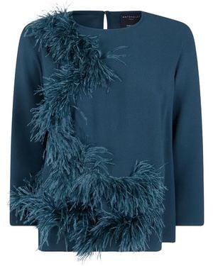 Antonelli Feather-Trim Long-Sleeve Blouse - Blue