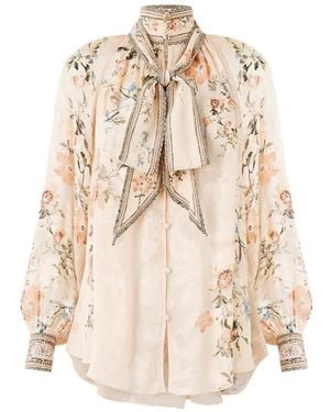 CAMILLA Pussy-Bow Floral Print Top - Natural