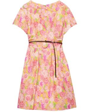 Prada Floral-Print Belted Mini Dress - Pink