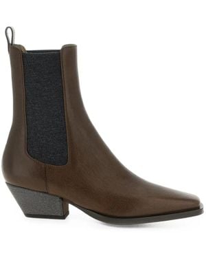 Brunello Cucinelli Riding-Leather Chelsea Boots With Precious Heels - Brown