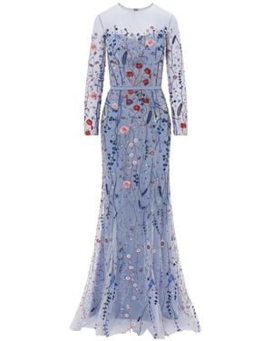 Rami Al Ali Beaded Floral Lace Gown Maxi Dress - Blue