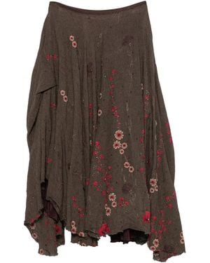 Marc Le Bihan Floral-Embroidered Raw-Edge Midi Skirt - Brown