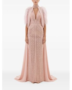 Gatti Nolli by Marwan Lace Feathered-Trim Gown - Pink