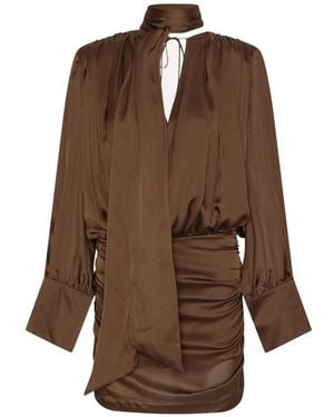 ROTATE BIRGER CHRISTENSEN Chiffon Ls V-Neck Dress Dark - Brown