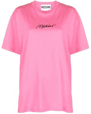 Moschino Logo-Embroidered Cotton T-Shirt - Pink