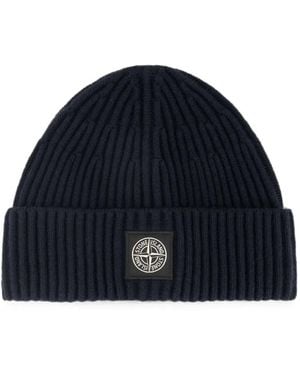 Stone Island Ribbed-Knit Beanie Hat - Blue