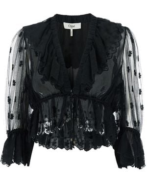Chloé Blusa Semi Trasparente Con Ruches - Nero