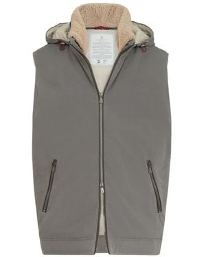 Brunello Cucinelli Waxed Techno-Cotton Down Vest With Detachable Hood - Grey