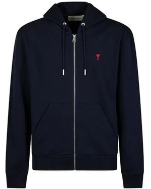 Ami Paris Zipped Cotton Hoodie With Ami De Coeur - Blue