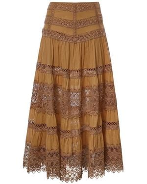 Charo Ruiz Serza Lace-Trim Tiered Skirt - Brown