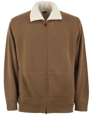 Kiton Shearling-Effect Collar Cardigan - Brown